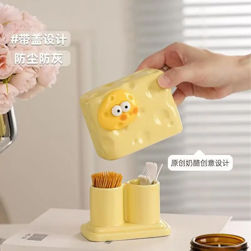Ceramic Dental Floss Toothpick Holder Household Cute Cartoon Cheese Shaped Toothpick 2-in-1 Storage Box Dental Floss Box ZG393