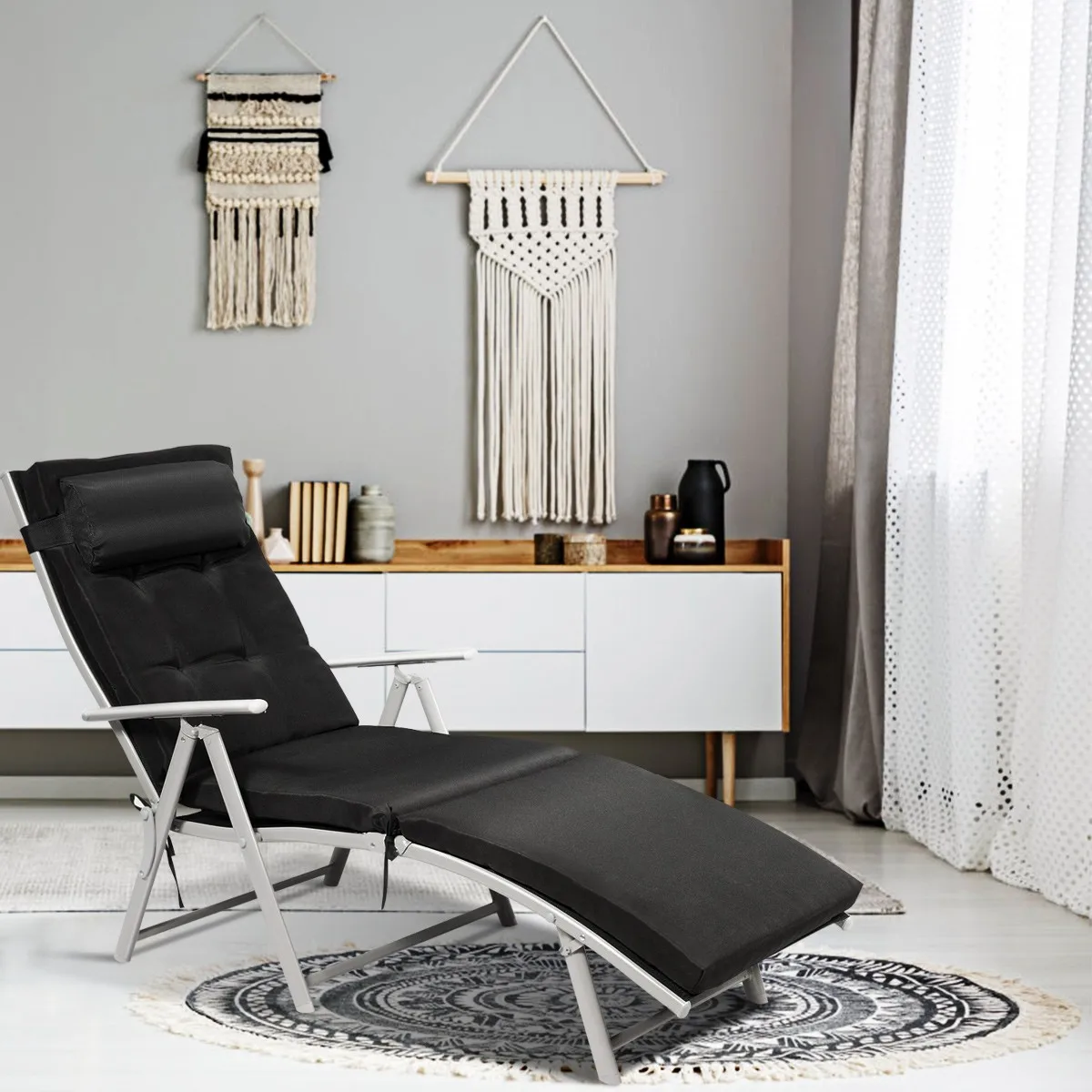 

Folding Chaise Lounge Chair Lightweight Recliner W/Cushion Black