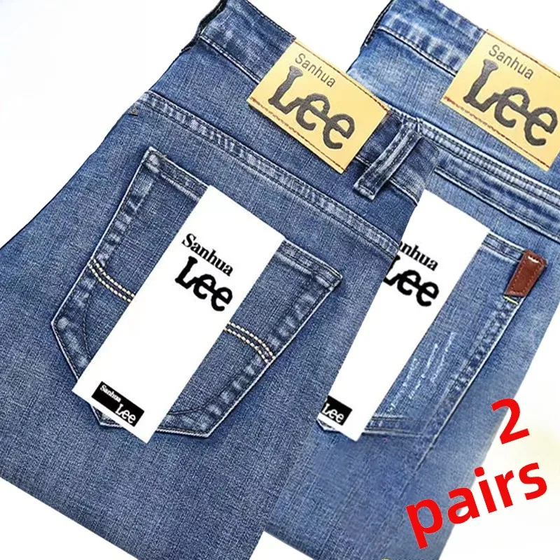 Busin Casual Thiened Elastic Denim Jeans Men's Loose Straight Leg Casual Large Size High Waist Wear-resistant Long Pants