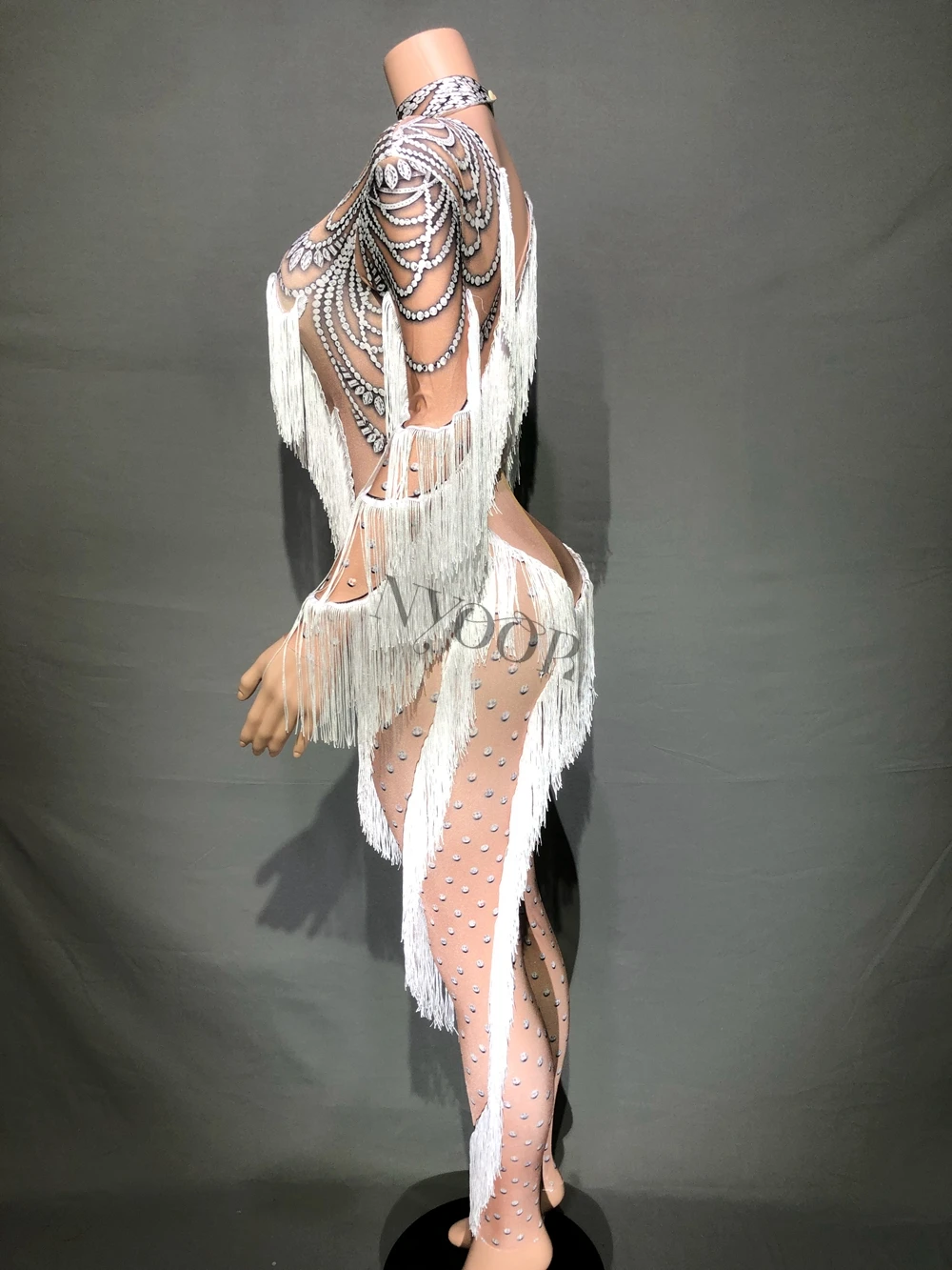 White Tassel Long Sleeves Skinny Jumpsuit for Women Sexy Leggings Singer Dancer Performance Dance Costume Stage Wear Show Outfit