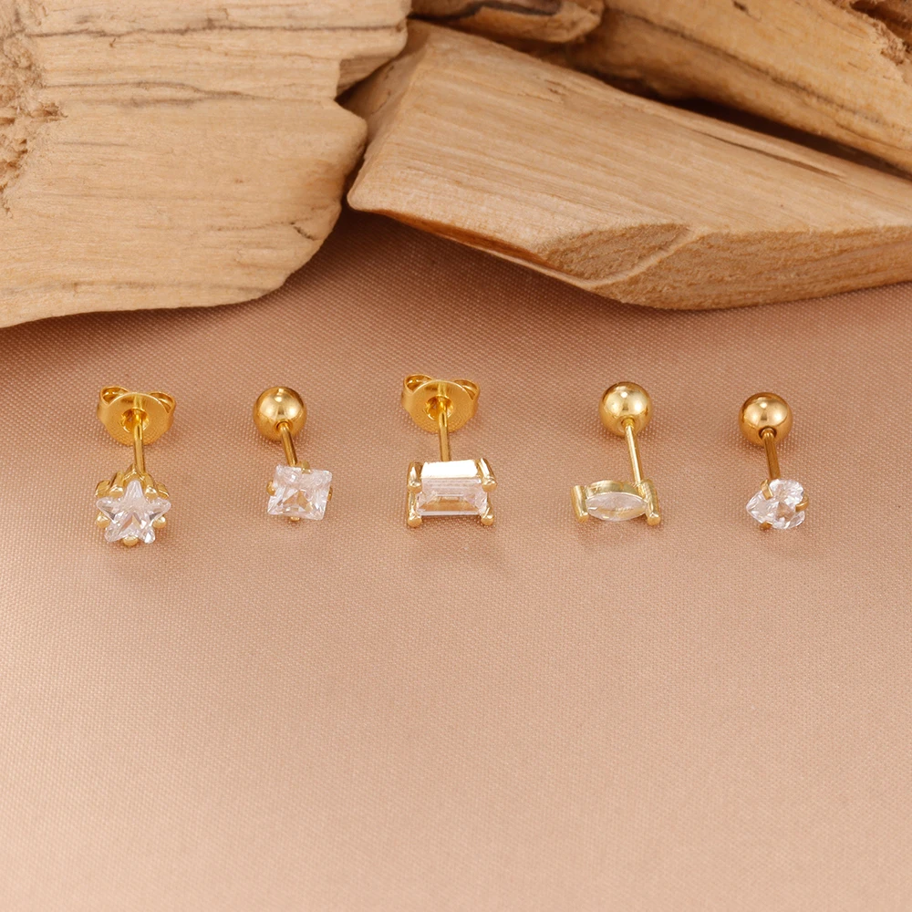 5PCS Stainless Steel Geometry Huggie Hoop Earrings Set For Women Daily Wear Gold Color Zircon Earring Piercing Jewelry Gift