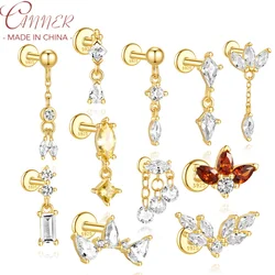 CANNER 1Pc 925 Silver Kite Droplet Colored Zircon Stud Earring For Women 18K Gold Flat Bottomed Spiral Puncture Ins Jewelry
