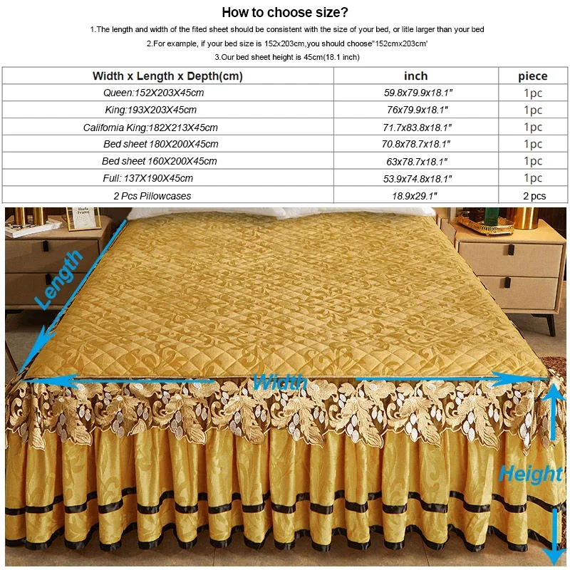 Plush Golden Winter Warm Bedspread on The Bed Thickened Bed Skirt-style Embroidery Cotton Luxury Bedding Set with Pillowcases