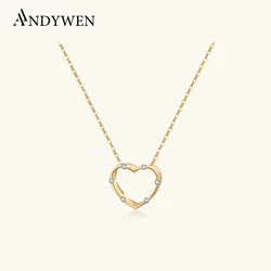 ANDYWEN 925 Sterling Silver Gold Clear Love Heart Pendant Necklace Long Chain Luxury Fine Jewelry 2023 Women Wedding Gift