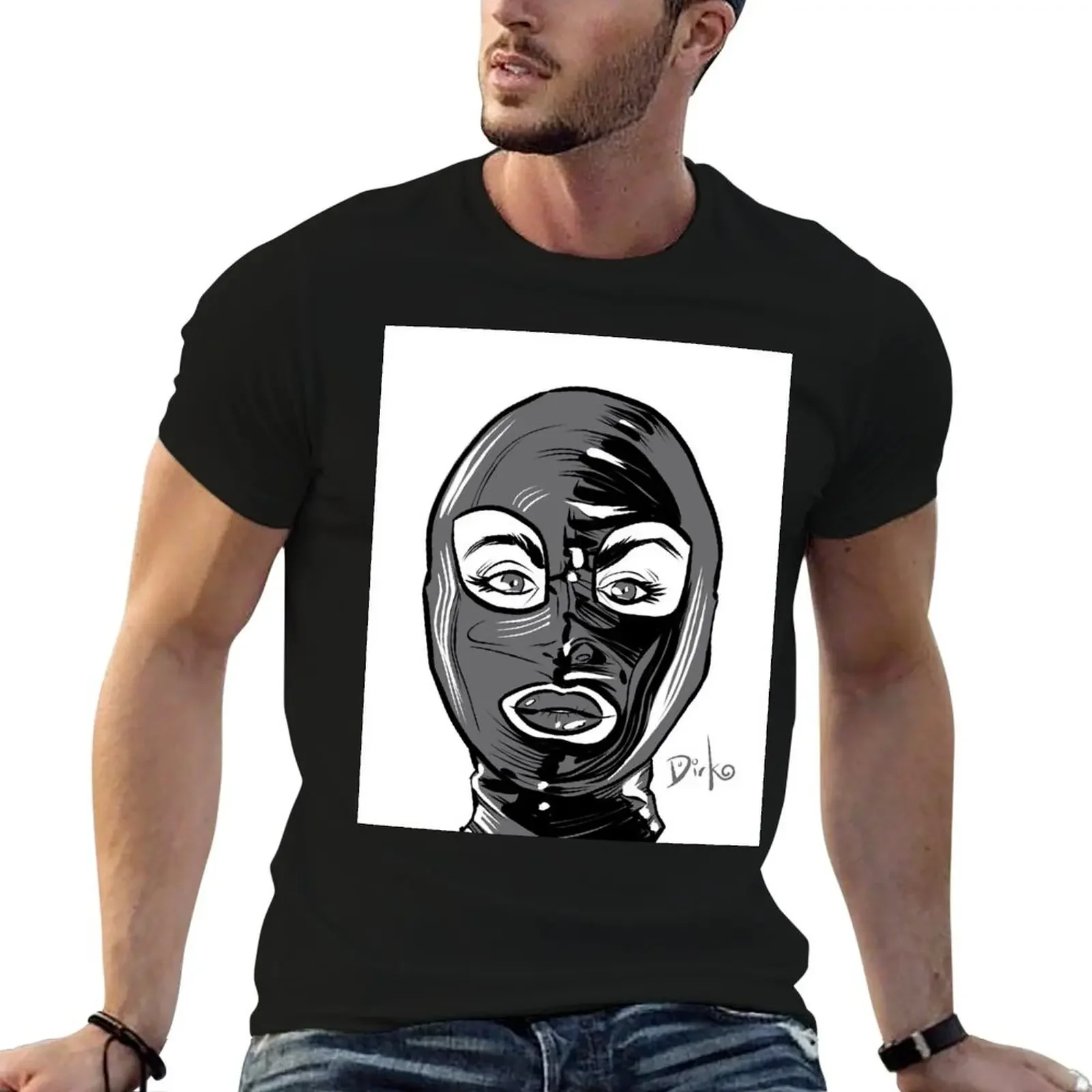 Latex-Hooded Fetish Dominatrix Illustration by Dirk Hooper T-Shirt sweat anime oversizeds t shirts men