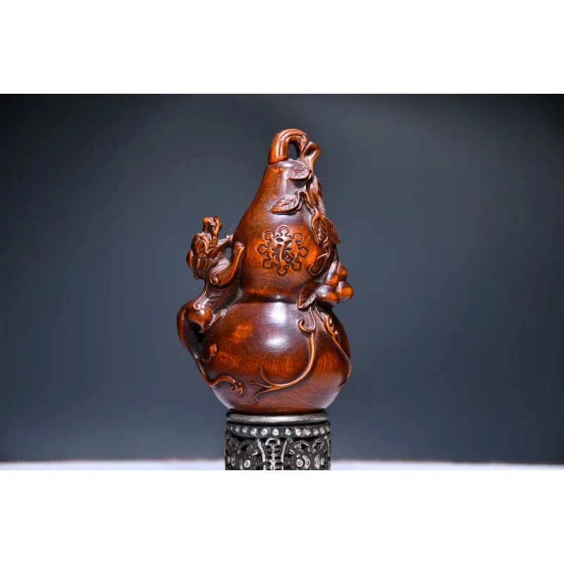 

3" Chinese Box-wood Hand Engraving Animal Wealth Pixiu Bottle Gourd Statue Craft Gift Decoration Home Decore