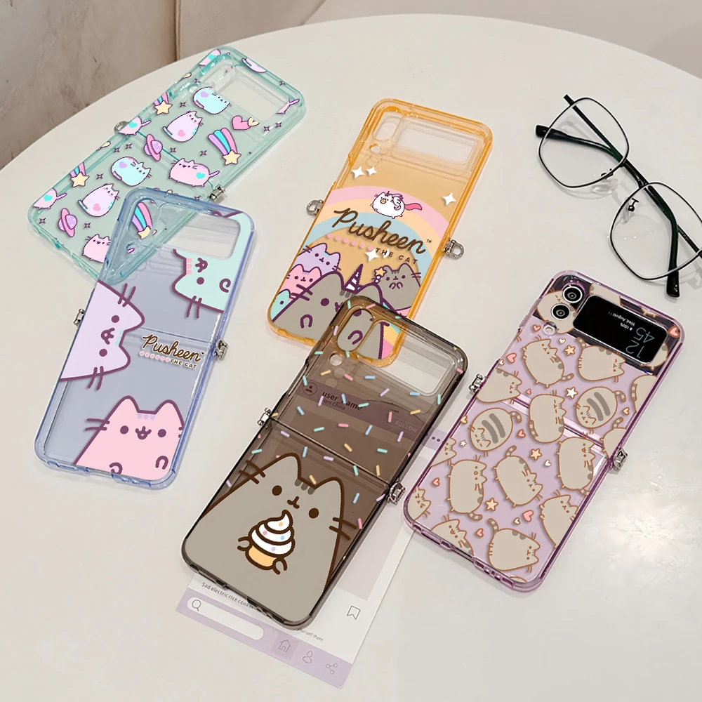Funda de teléfono con diseño de gato P-Pusheens y Donuts divertidos de dibujos animados para Motorola Moto Razr 40 50 60 Ultra 5G, funda de TPU plegable semitransparente