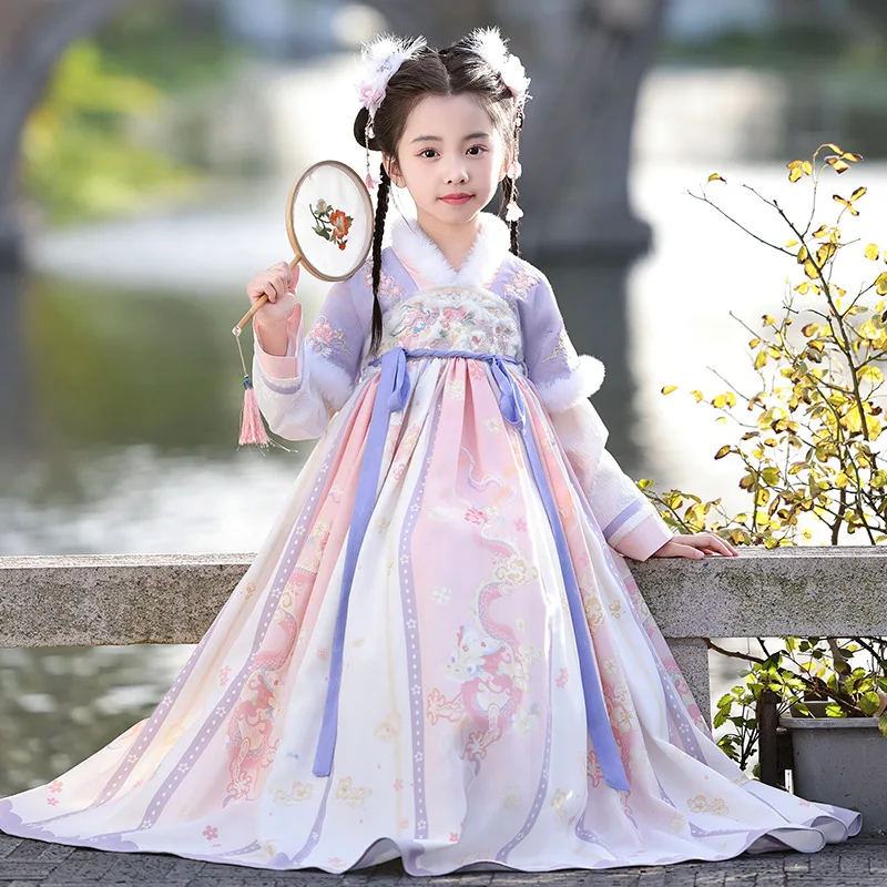 

Purple Girls Winter Quilted Thick Warm Hanfu Dress Chinese Ancient Princess Fairy Dress Skirt Kids Perform Costume Vestido