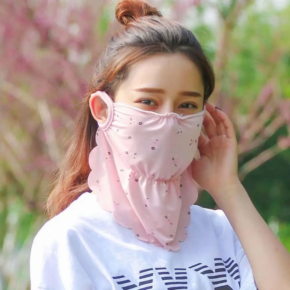 Flower Pattern Ice Silk Mask Summer UV Protection Face Scarves Face Gini Mask Face Mask Sunscreen Veil Face Cover Outdoor