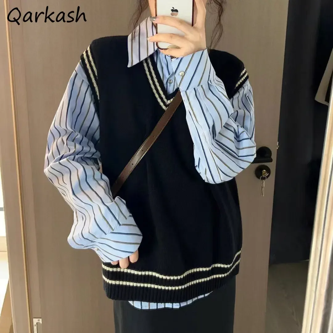 

Black Striped Sweater Vests for Women Ladies All-match Autumn Korean Fashion Style Temperament V-neck Knitwear Casual Mujer Ropa