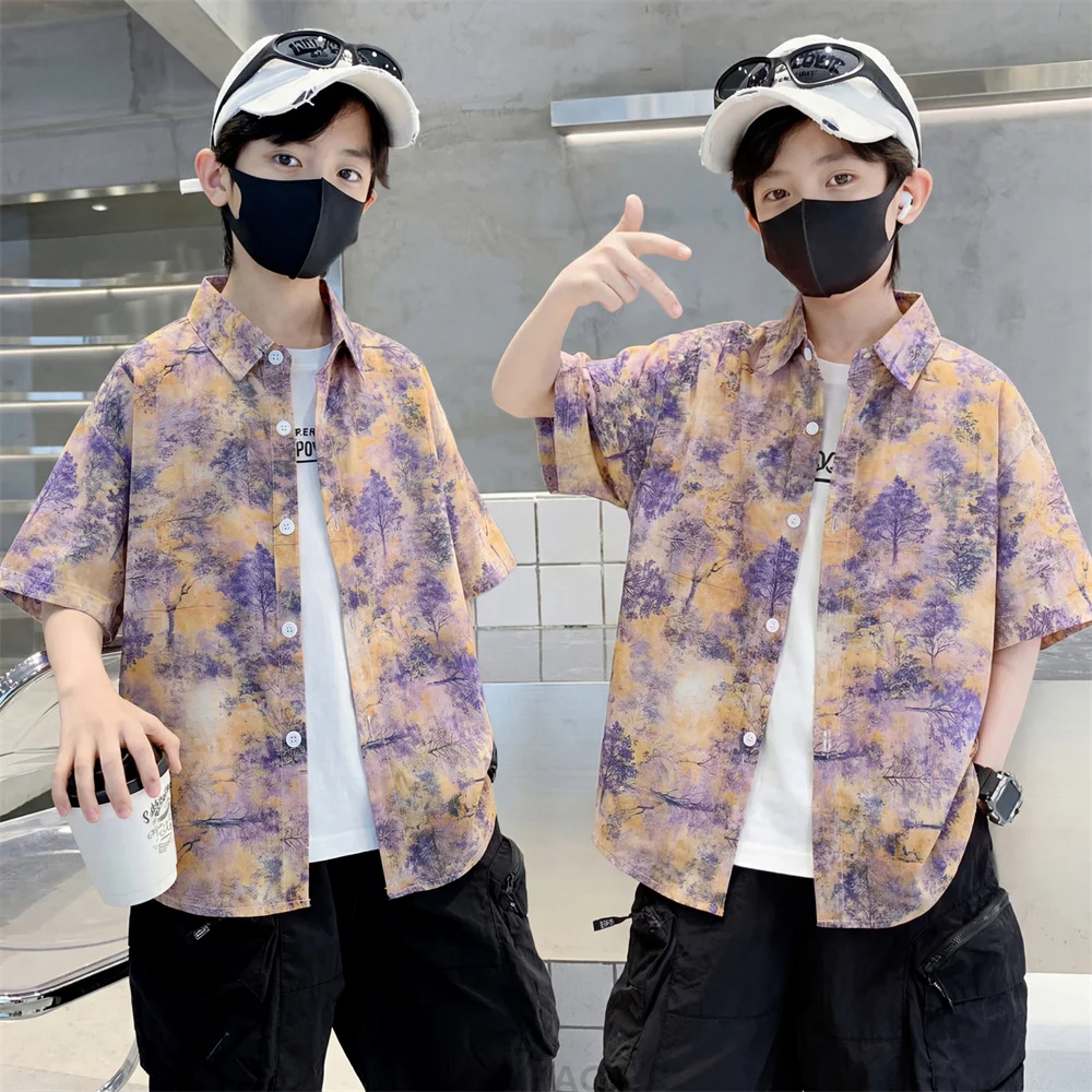 2026 New Summer Vacation Clothing For Kids Boys Retro Style Short Sleeve Shirt Children Elegant Holiday Blouse Casual Wear