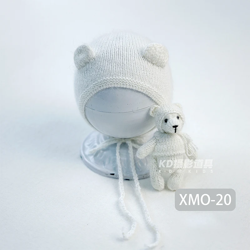 Cappello lavorato a maglia neonato + bambola orsacchiotto 2 pezzi / set Puntelli per fotografia Orsacchiotto fatto a mano lavorato a maglia Stuffer per bambini Giocattolo animale Studio fotografico Prop