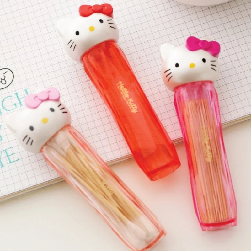 Sanrio Cartoon Cute Hello Kitty Creative Portable Toothpick Holder Travel Small Mini Cotton Swab Box Storage Tube Gift