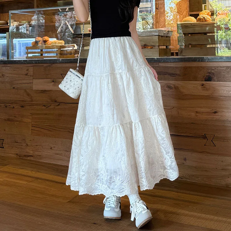 

New Ruffled Long Tulle Skirt for Women Spring Elastic High Waist Lace Tiered White Cake Skirts Women Summer TeenGirl Y2K Outfits