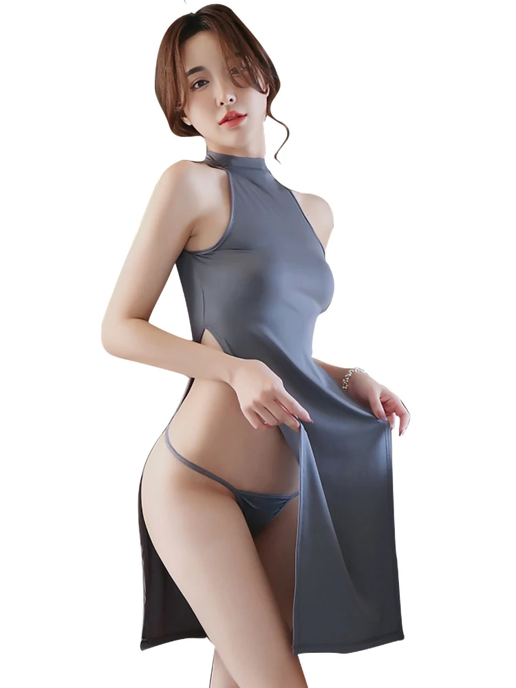 Sexy lingerie female sexy transparent pajamas high slit cheongsam uniform Sexy cozy nightdress style