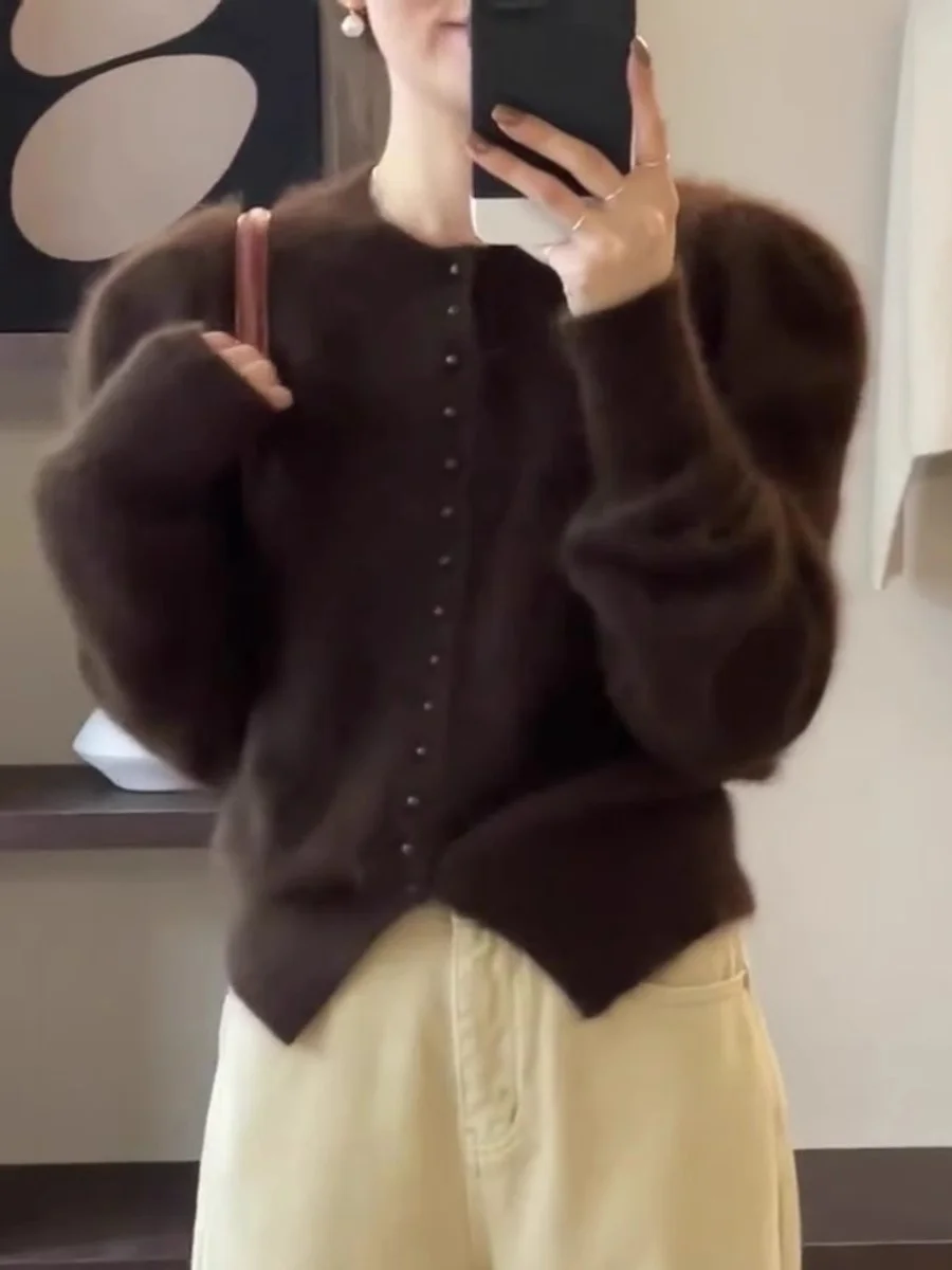 

Ранняя осень, кофейное ретро трикотажное пальто из искусственной норки, женское зимнее высококачественное мягкое уютное круглое пальто Ne Long Sve, кардиган прямого кроя