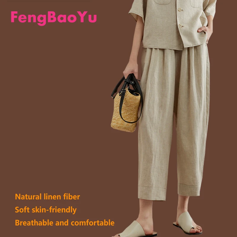 

High-end Linen Women's Nine-point Pants Spring Summer Ginger Elastic Waist Loose Plus Size 100KG 3XL Fat Girl Breathable Outdoor