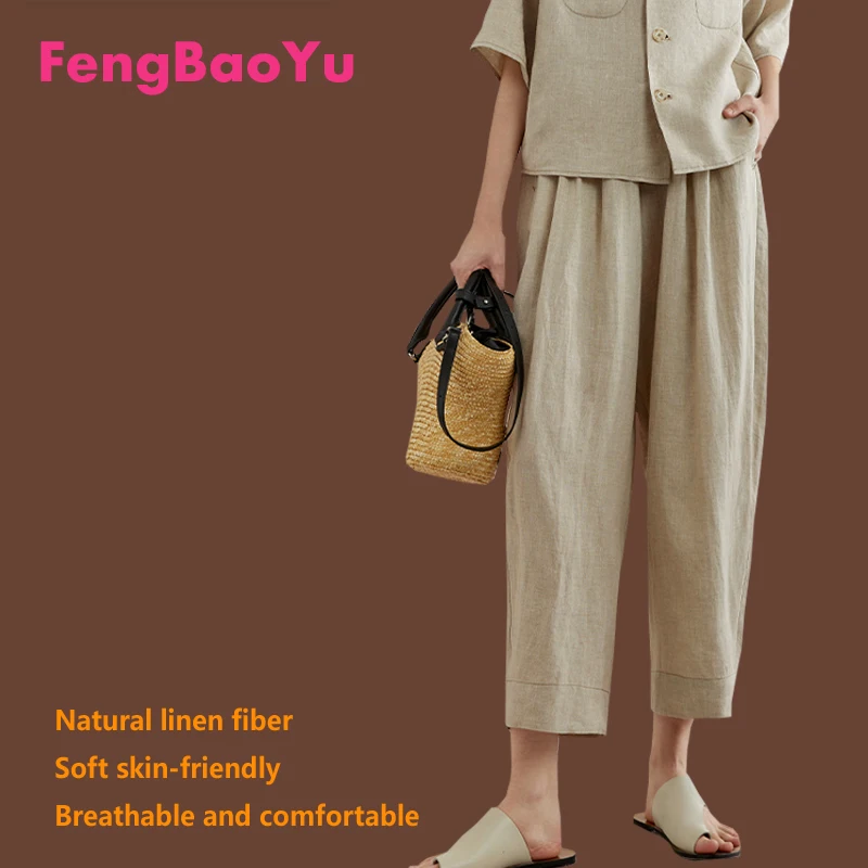 High-end Linen Women's Nine-point Pants Spring Summer Ginger Elastic Waist Loose Plus Size 100KG 3XL Fat Girl Breathable Outdoor