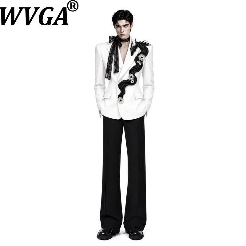 WVGA Spring Autumn New Men Wide Shoulders Narrow Waist Patchwork Trendy Blazer Niche Chic Casual Suit Pants Two-Piece Set W28243