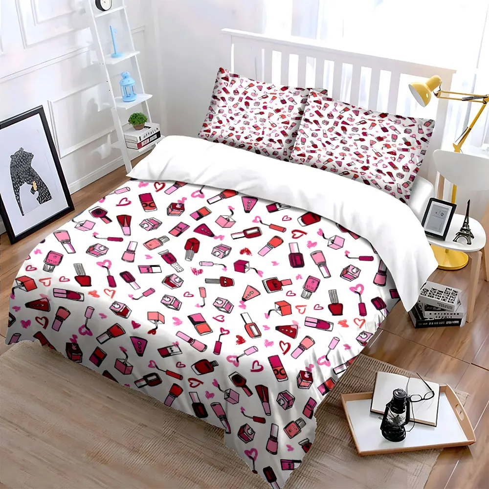 Hand-drawn cosmetic pattern Duvet Cover Set with 3D Printing Design Soft Polyester Bedding Set All-Season Comfort for gifts