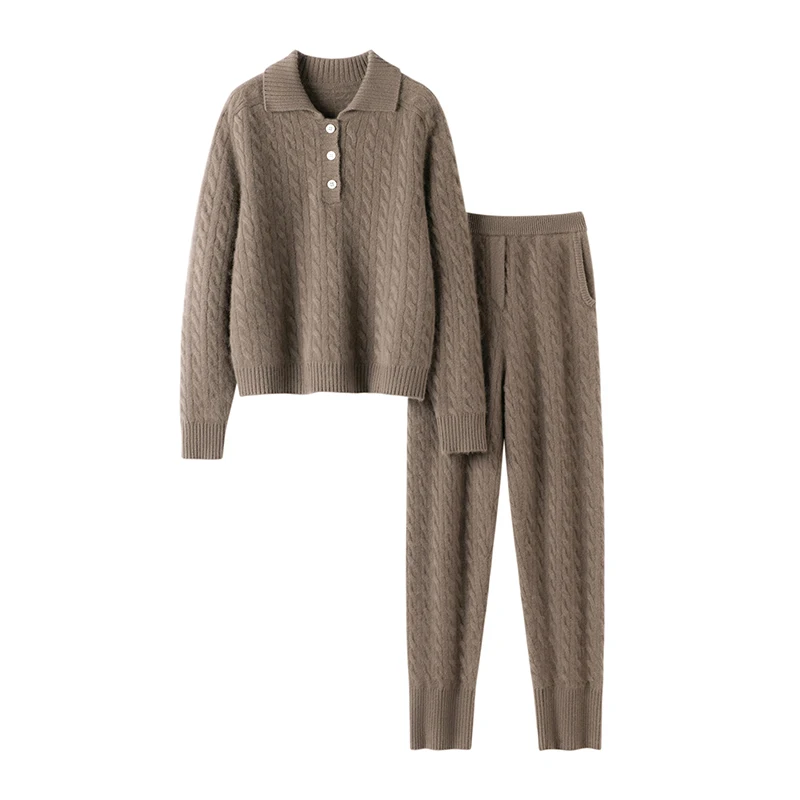 100% Pure Cashmere Women'S Suit Polo Collar Half-Open Cable Knit Sweater And Casual Cable Knit Slim-Fit Pants Two-Piece Set