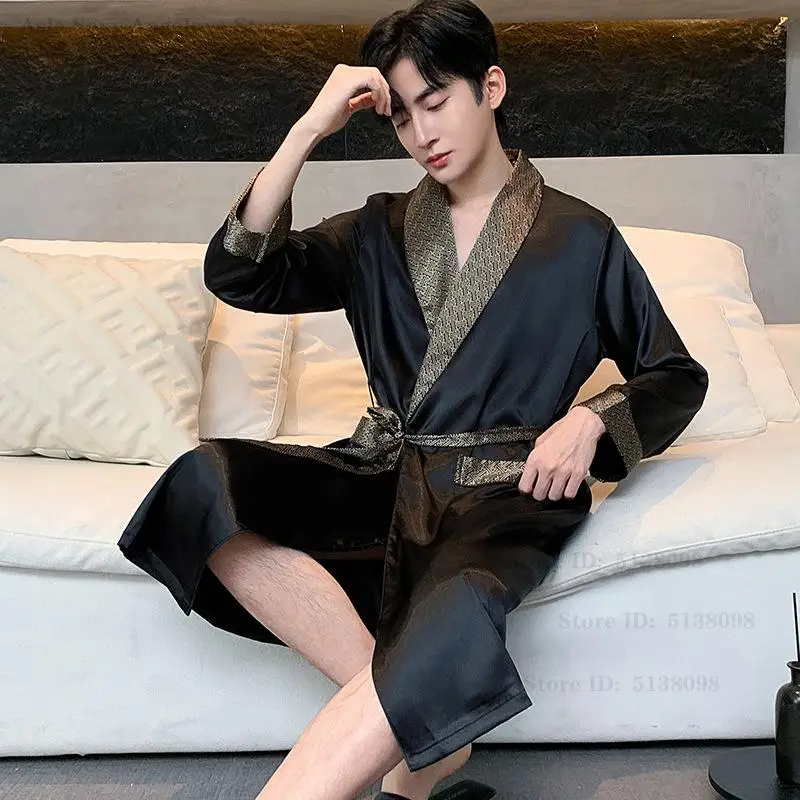 Men Robe Nightgown Long Sleeves Kimono Bathrobe Gown Spring Summer Silk Satin Sleepwear Male Loose Nightwear Casual Home Wear