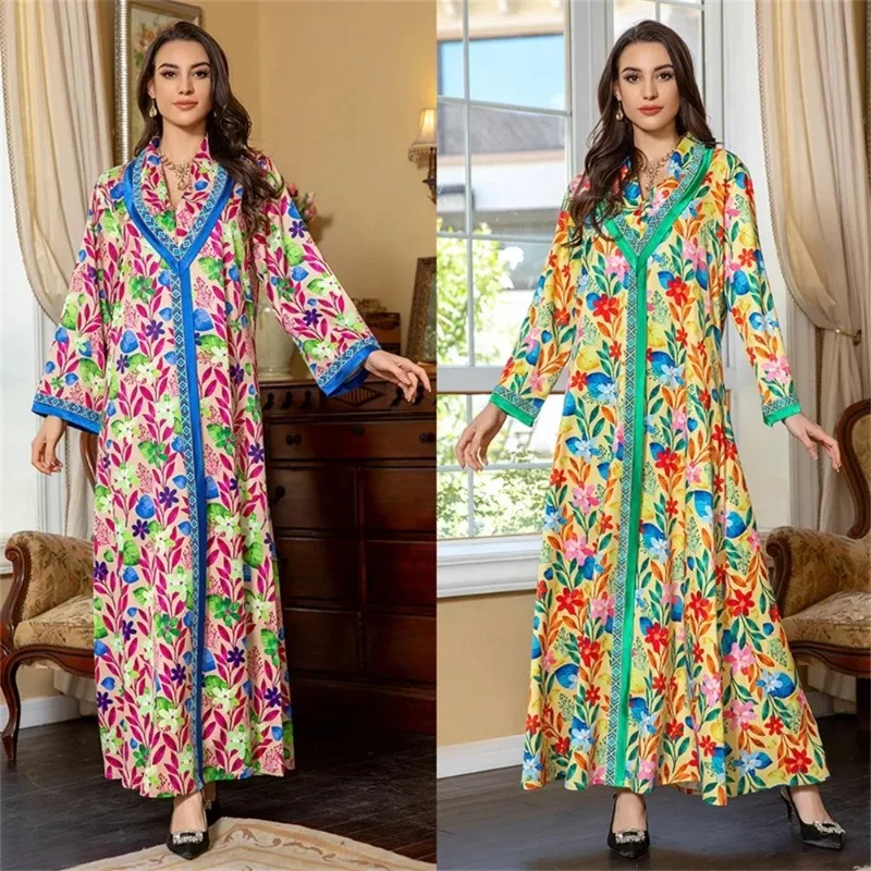 

Ramadan Muslim Women Floral Dresses Tape Trim Saudi African Ethnic Abayas Jalabiyat Moroccan Kaftan Islamic Clothing