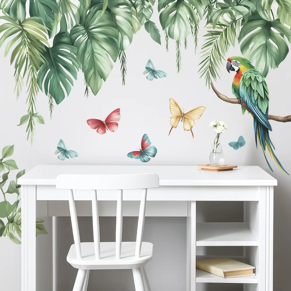 Palm Leaf Green Plant Parrot Butterfly Wall Sticker Tropical Plant Leaves Decals for Living Room Bedroom Home Wall Decoration