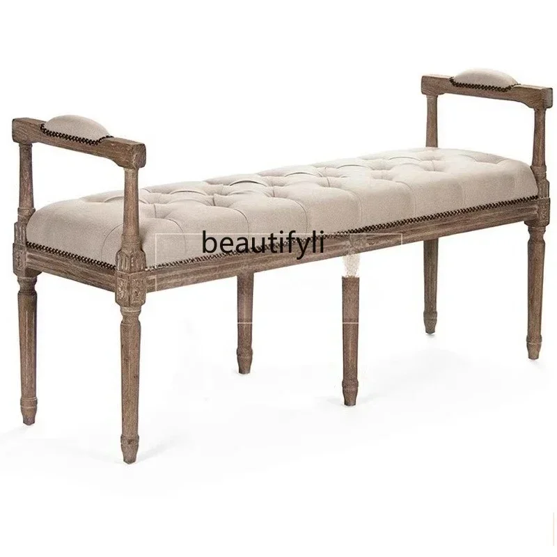 SS ss7486 French solid wood retro old bedside stool American villa luxury leisure bench fabric sofa pedal