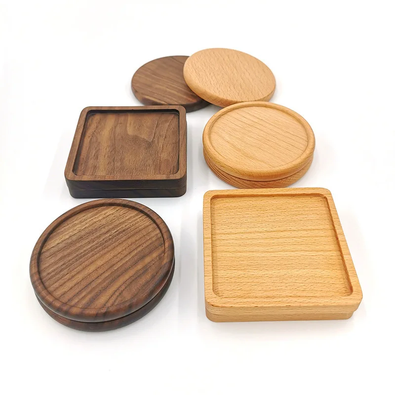 Personalised Logo 8.8cm Walnut Wood Coasters for Glasses Mugs, Round Square Wooden Cup Mat Durable Tea Coffee Cup Pad Placemats