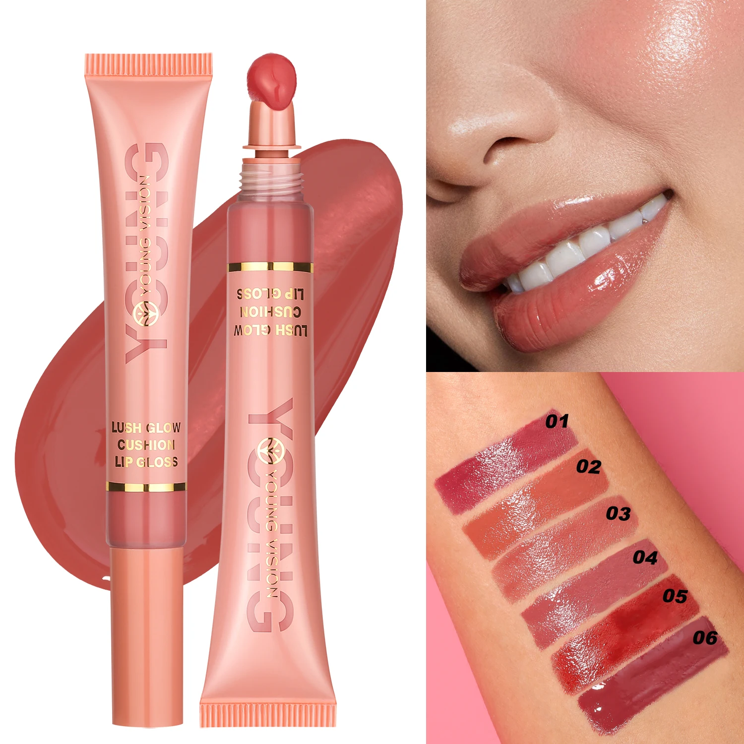 YOUNG VISION  6 color Liquid Water Brightening Lip Color Plush Brush Head Squeezing Lip Color Moisturizing  Lip Glaze