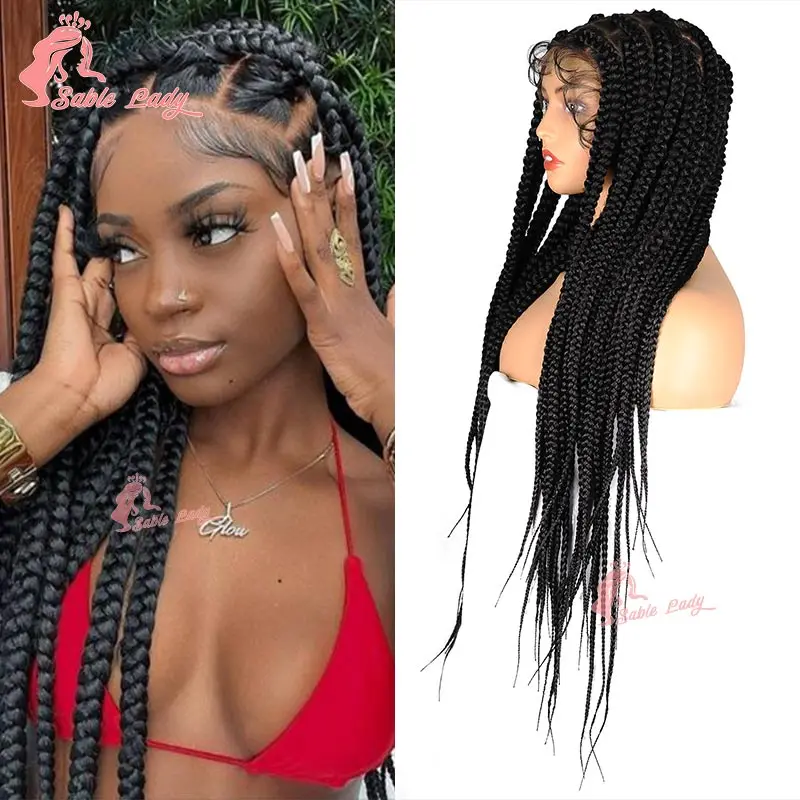 Knotless Cornrow trançando perucas para mulheres africanas, perucas sintéticas trançadas caixa Jumbo, transparente Full Lace Front tranças peruca, 36"