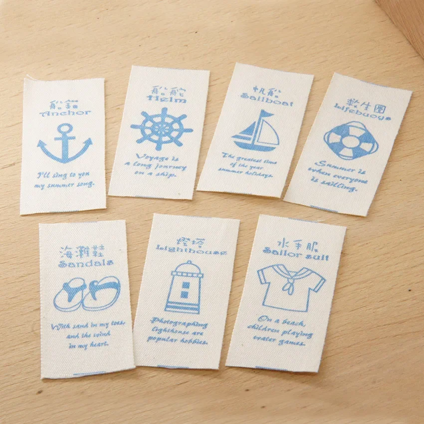 A set of 7-figure pure cotton labels hand-sewn DIY decoration with plain accessories sky blue ocean wind labels.