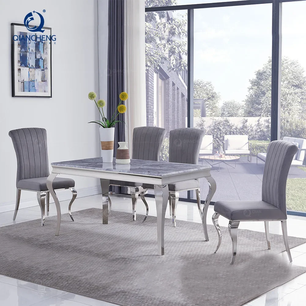 Marble dining table, modern Internet celebrity restaurant table and chairs rectangular stainless steel 10 people