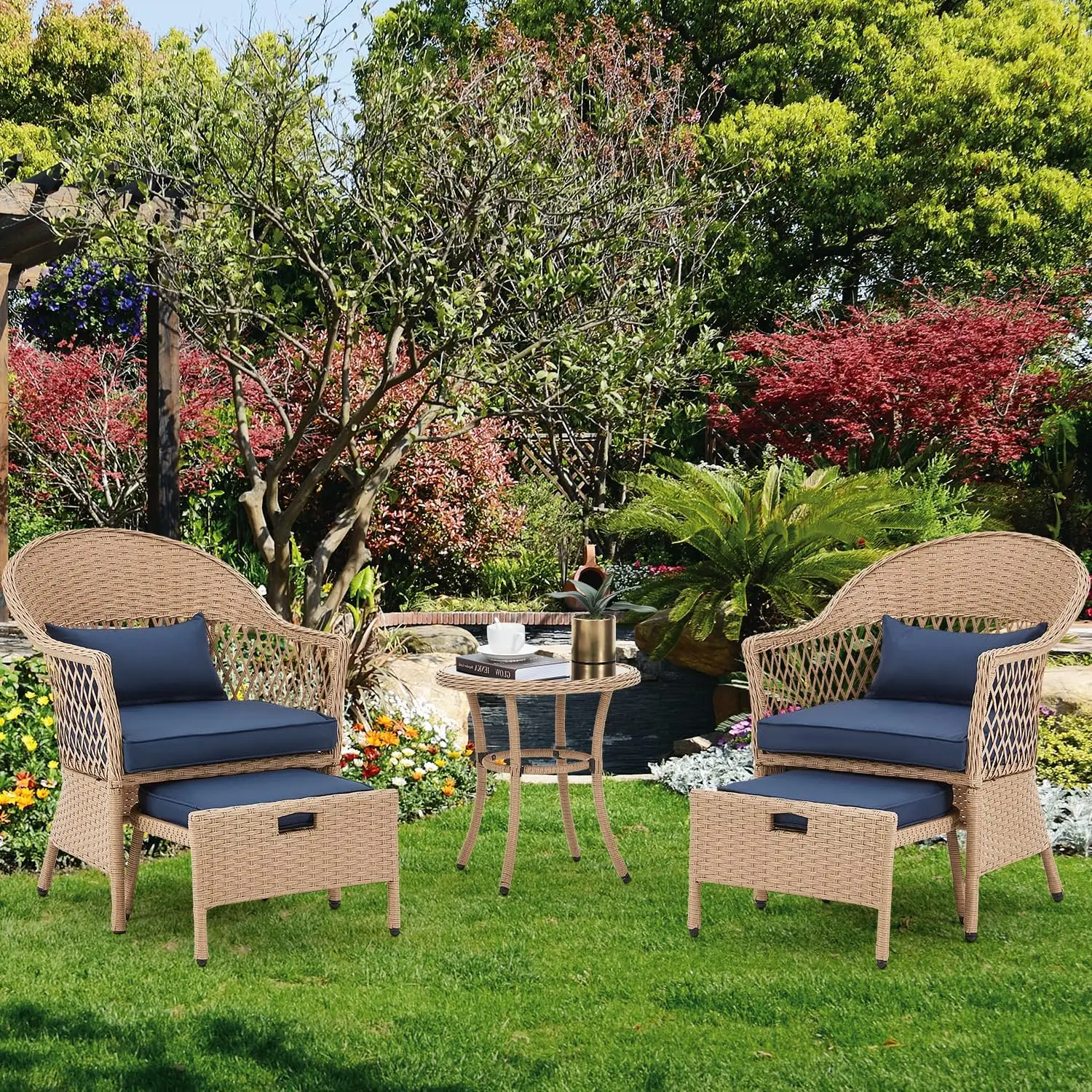 Tuinmeubelset, Rotan Conversatiesets Met Gehard Glazen Salontafel En Zachte Kussens, Terrasstoelen Met Voetenbankjes