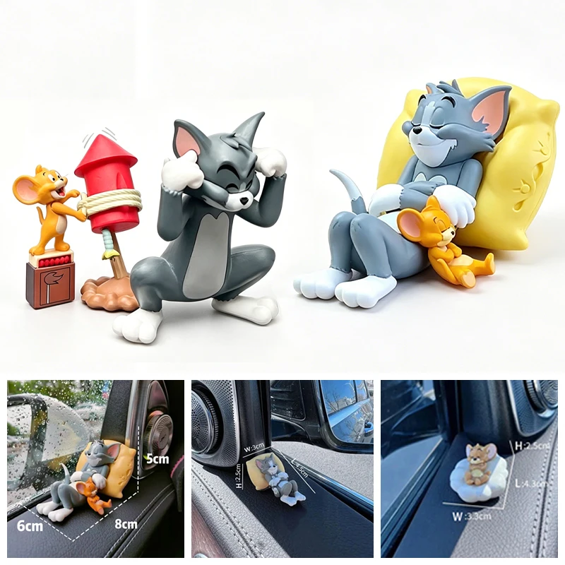 Kawaii Tom Jerry Mini Figure Ornament Cartoon Resin Figurine Car Dashboard Interior Decor Desktop Office Display Holiday Gifts