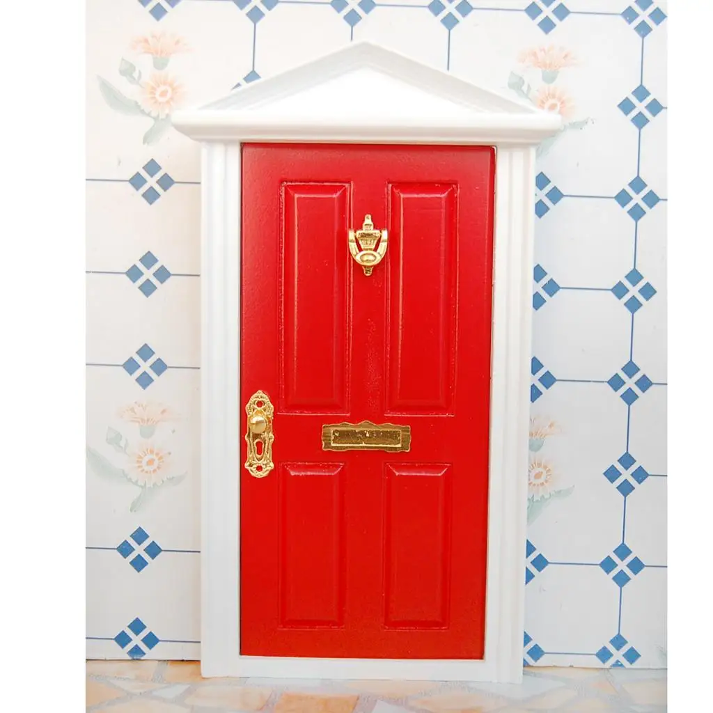 Dolls House Miniature Red Exterior Wood Door 6-Panel with Handle Knocker