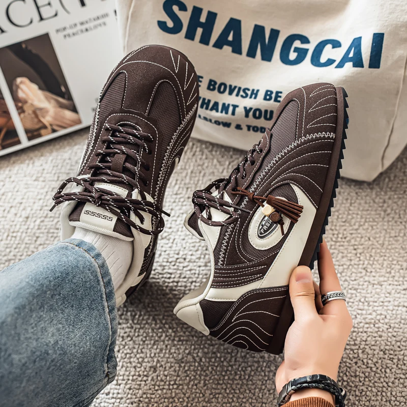 Men's Stitched Training Sneakers Mesh Suede Patchwork Casual Shoes, Lace-up Flat Fashion Street with Tassel Decor for Daily Wear