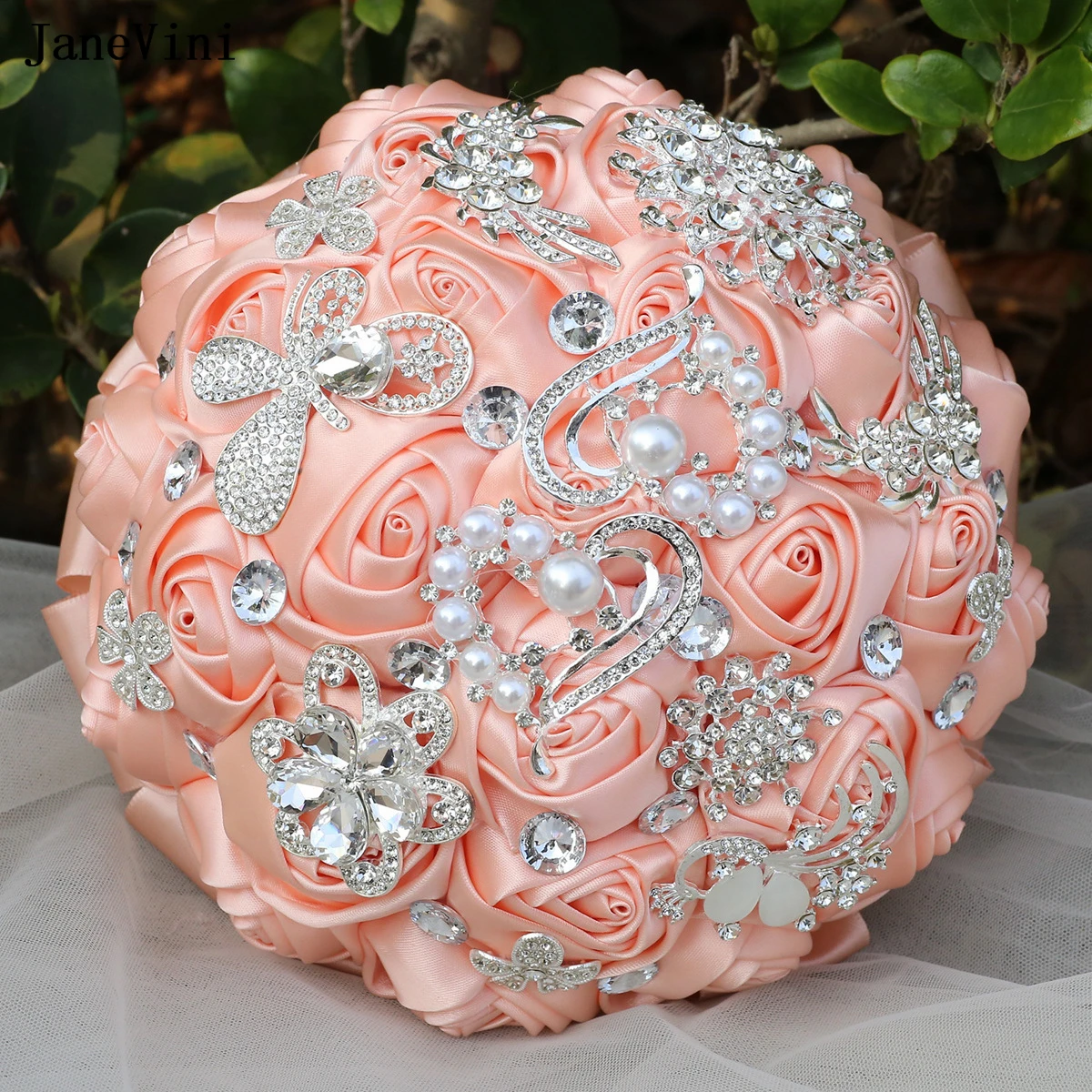

JaneVini 2025 Elegant Bridal Bouquets Bling Silver Crystals Artificial Satin Roses Bride Bouquet Flowers for Wedding Customized