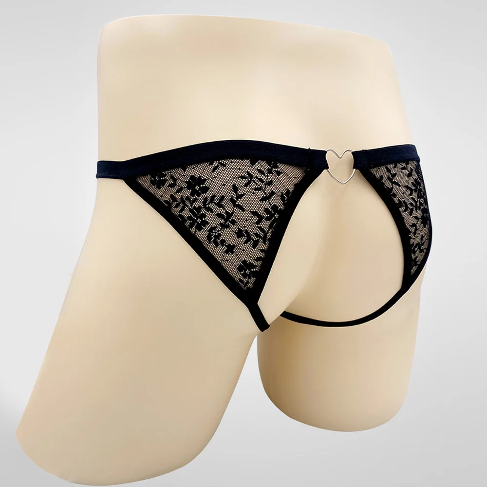 Men's G-Strings Sexy Exotic Lingerie Sheer Lace Flower Pattern Back Hollow Out Thong Briefs Super Comfortable