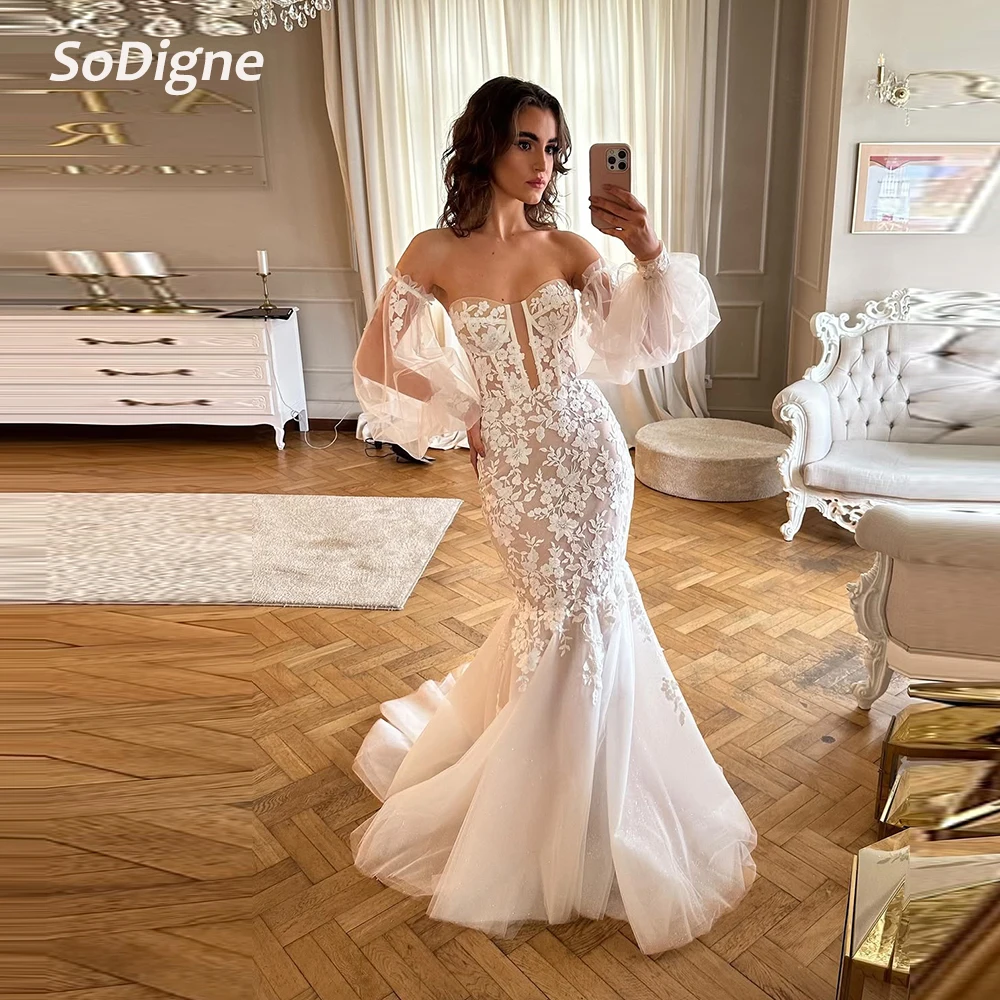 

SoDigne Mermaid Tulle Wedding Dresses Long Sleeves Sweetheart Appliques Bridal Dress 2026 Bride Gown vestidos de novia Customize