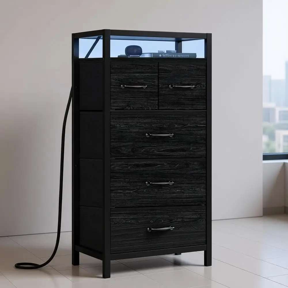 

Комод для спальни, высокая тумбочка, вертикальный комод с деревянной столешницей, зарядная станция, светодиодная подсветка, 5 контейнеров для ткани, прикроватная тумбочка с