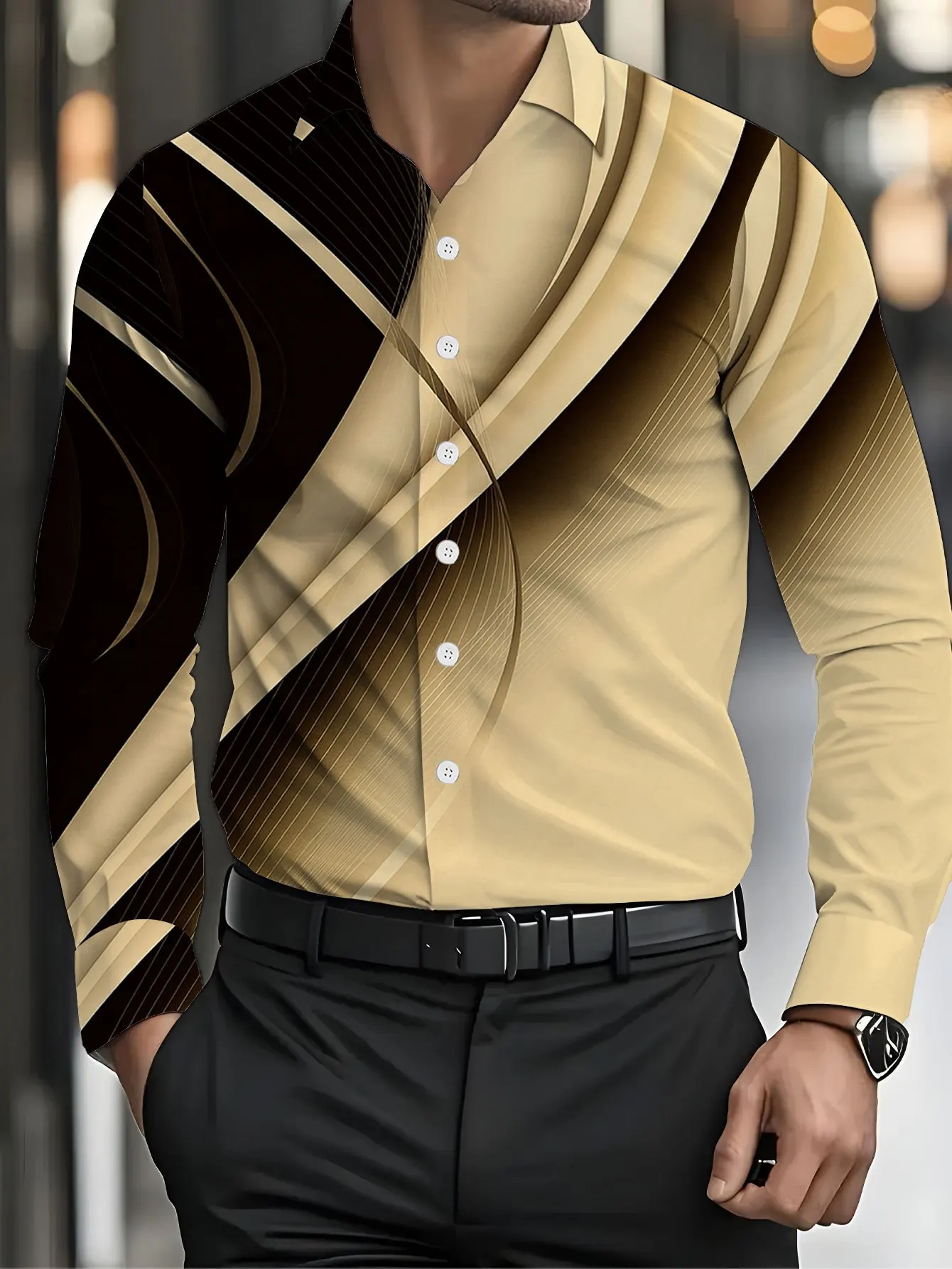 Men Geometric Diagonal Splice Print Long Sleeve Shirt Turn‑Down Collar Button‑Up Polyester Business Casual Blouse