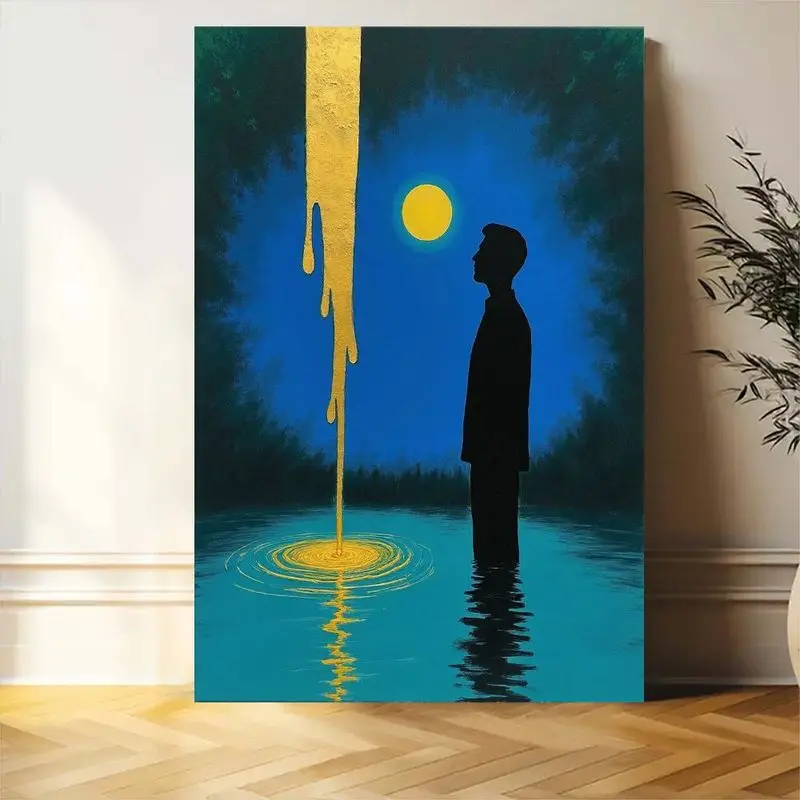 لوحة فنية جدارية تجريدية بدون إطار من القماش - لوحة حديثة بسيطة مع شلال ذهبي وبركة قمر - ديكور للتأمل الهادئ #5