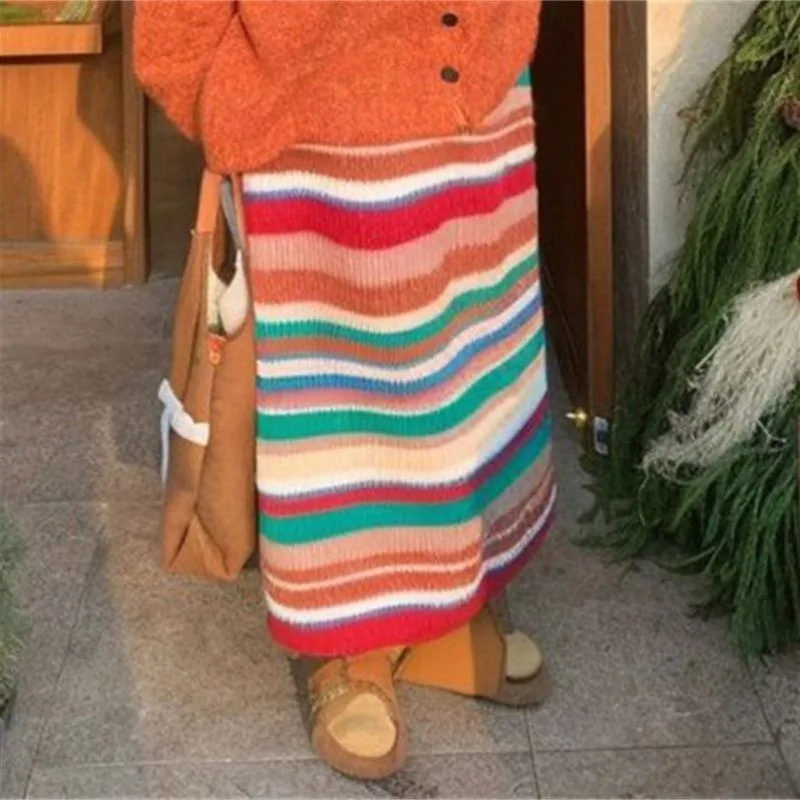 Japanese Rainbow Striped Knitted Mid-length Skirt Women 2025 Winter New Streetwear High Waist All-match Casual A-line Skirt