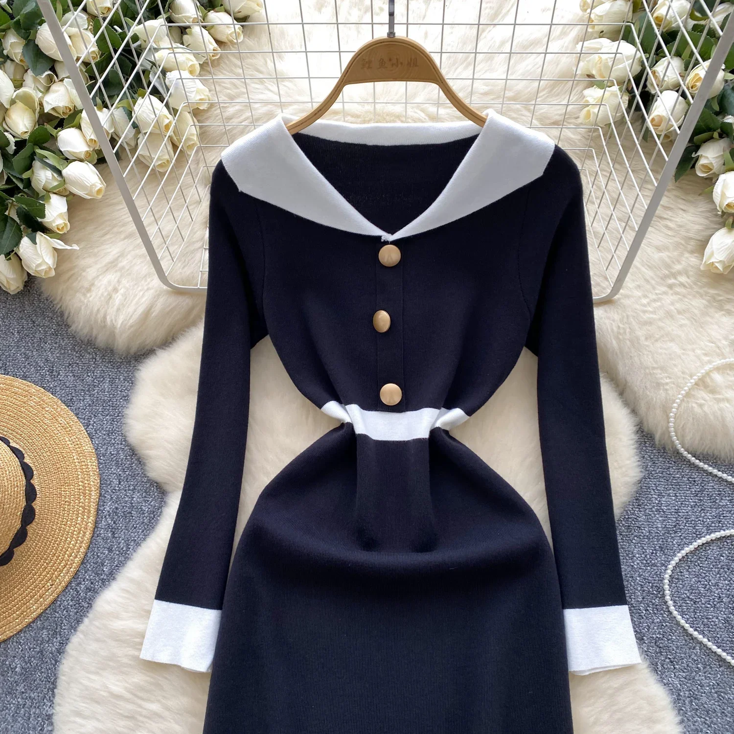 Women Turn-down Collar Vintage Long Sleeve Elegant Patchwork Knit Slim Dresses French Evening High Street Autumn Winter Clothing