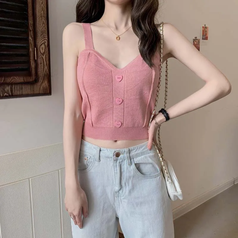 Nhàm Chán Mật Ong Đơn Ngực Nút V-Cổ Chic Ngắn Phụ Nữ Hàng Đầu Mùa Xuân Và Mùa Hè Sling Vest Dệt Kim Thời Trang Phụ Nữ Quần Áo