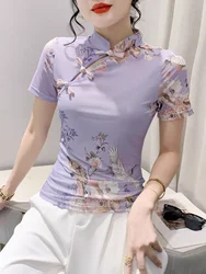 Summer Short Sleeve T-shirt Women Hollow Out Slim Stretchy Vintage Elegant Chinese Style Button T Shirts Tees