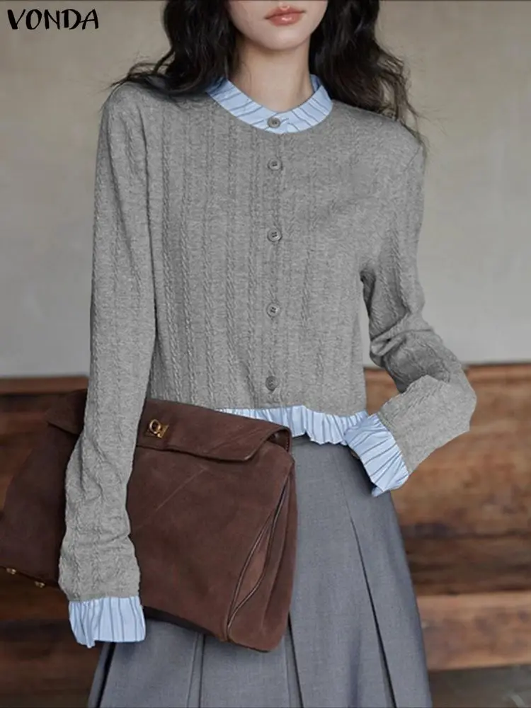 

VONDA женские вязаные свитера, кардиган, осень 202, тонкий трикотаж, модные цветные лоскутные повседневные джемперы, милый элегантный свитер