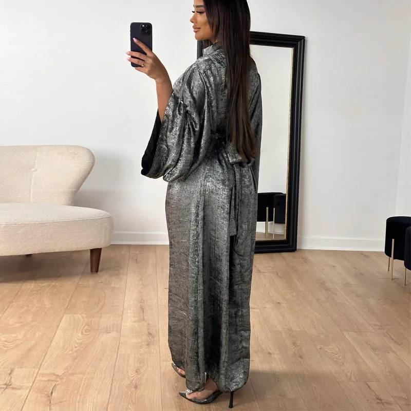 Belted Dress Shiny Satin Abaya Pagoda Sleeve Satin Dubai Islam Muslim Kaftan Dresses Kebaya Abayas Women Robe Musulmane Vestidos